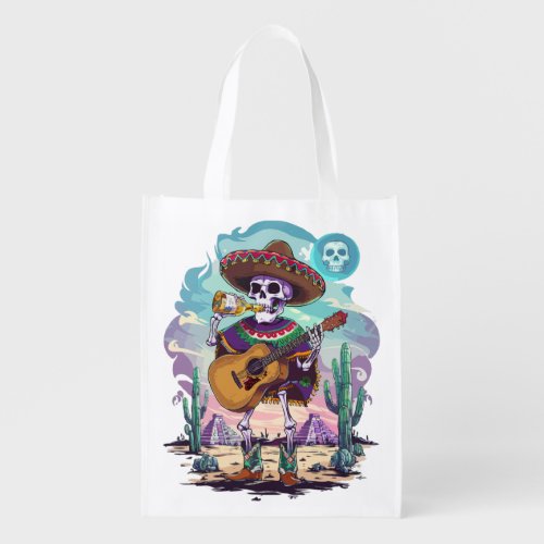 Psychedelic Mexican_Style Skeleton Drinks Tequila Grocery Bag