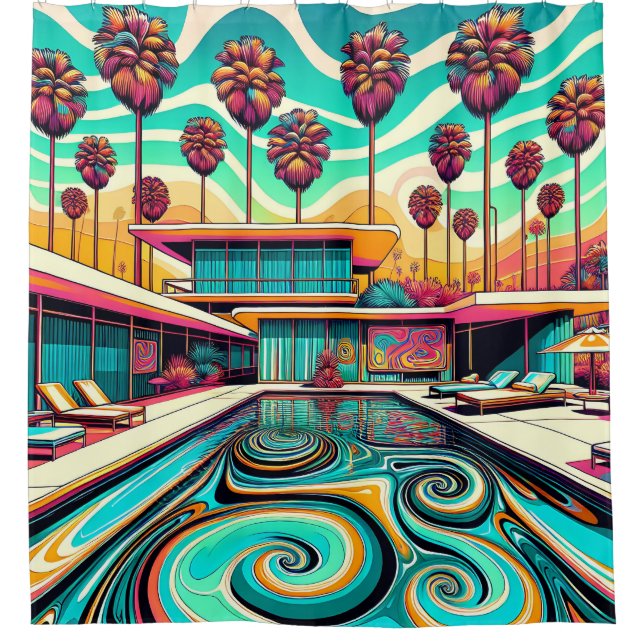 "Psychedelic Mid-Century Modern Pool" Shower Curtain (Front)