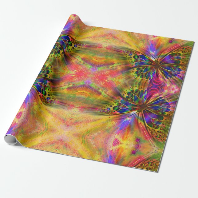 Psychedelic & Multi-Colored Butterfly Wrapping Paper (Unrolled)