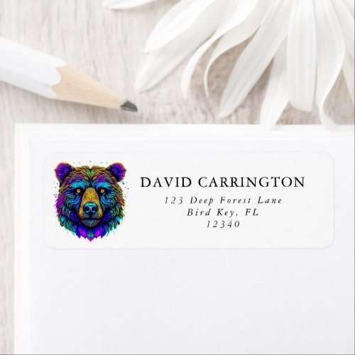 Psychedelic Multicolored Rainbow Bear Face Art Label