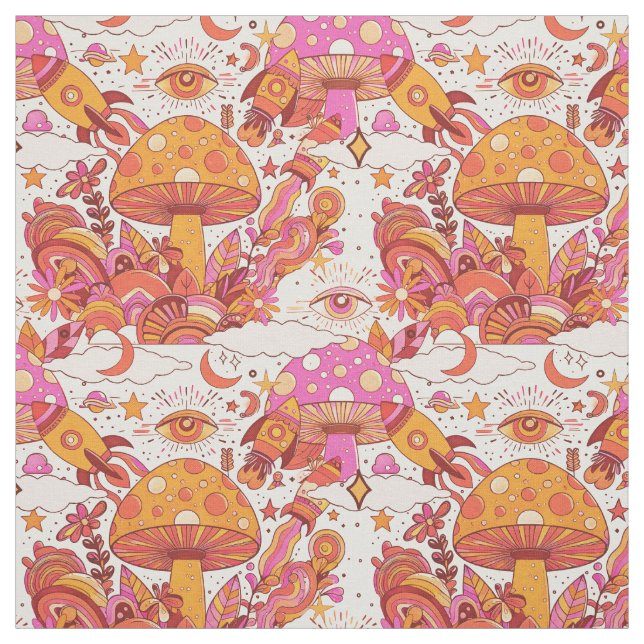 Psychedelic Mushroom and Rockets Retro Trippy  Fabric (Swatch)