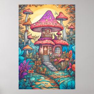 Psychedelic Mushroom Hut Deep In The Forest Poster