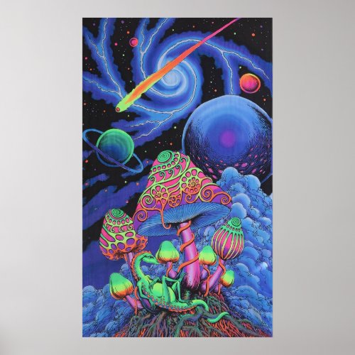 Psychedelic Mushroom Madness Trippy Black Light  Poster