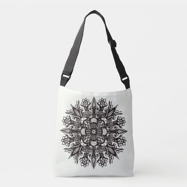 Psychedelic Mushroom Mandala Black And White Crossbody Bag (Front)