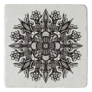 Psychedelic Mushroom Mandala Black And White Trivet
