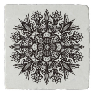 Psychedelic Mushroom Mandala Black And White Trivet