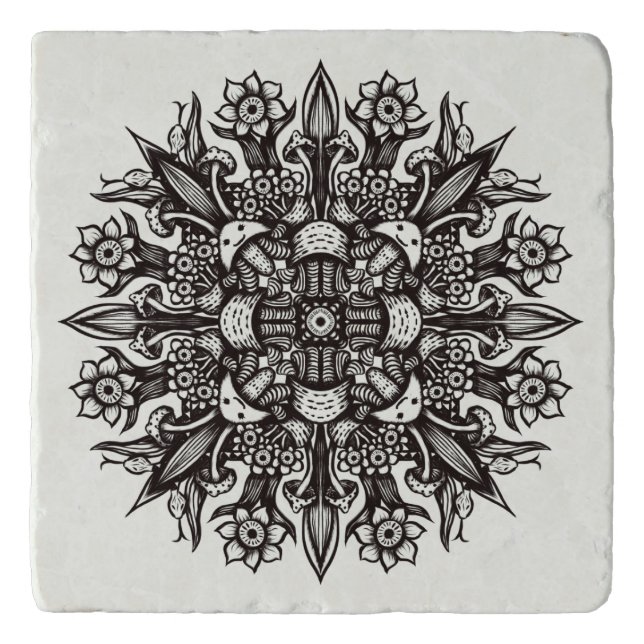 Psychedelic Mushroom Mandala Black And White Trivet (Front)