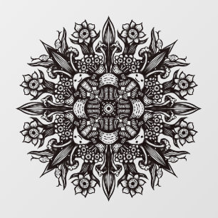 Psychedelic Mushroom Mandala Black And White Wall Decal