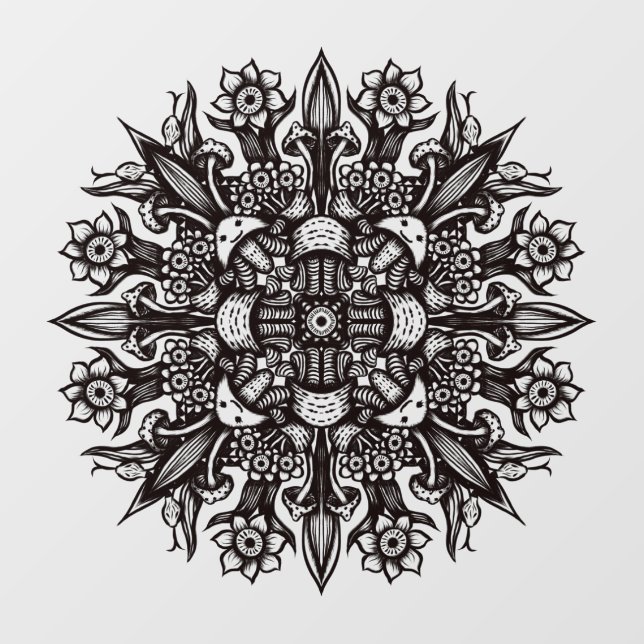 Psychedelic Mushroom Mandala Black And White Wall Decal (Front)