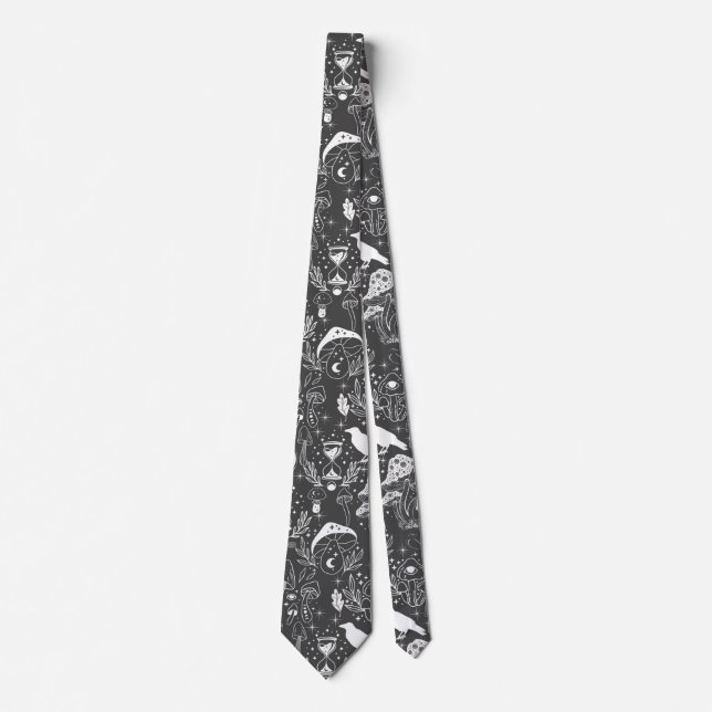 Psychedelic Mushroom Pattern 2D.BW.b D Grey BG Neck Tie (Front)