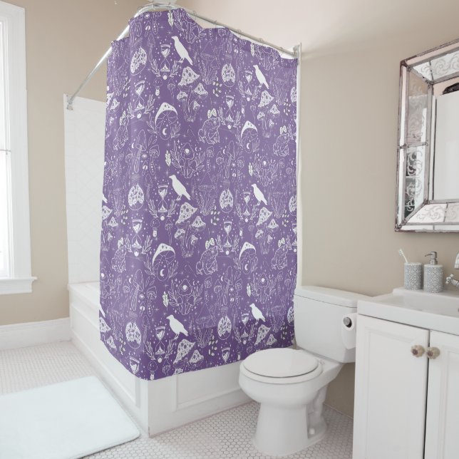 Psychedelic Mushroom Pattern 2D.BW.b L Purple BG Shower Curtain (In Situ)