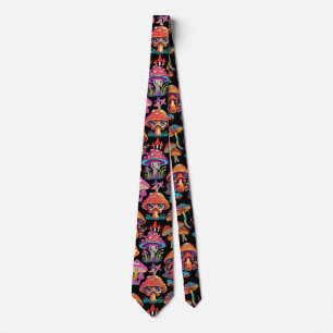 Psychedelic Mushroom Pattern 3D B.Black BG Neck Tie