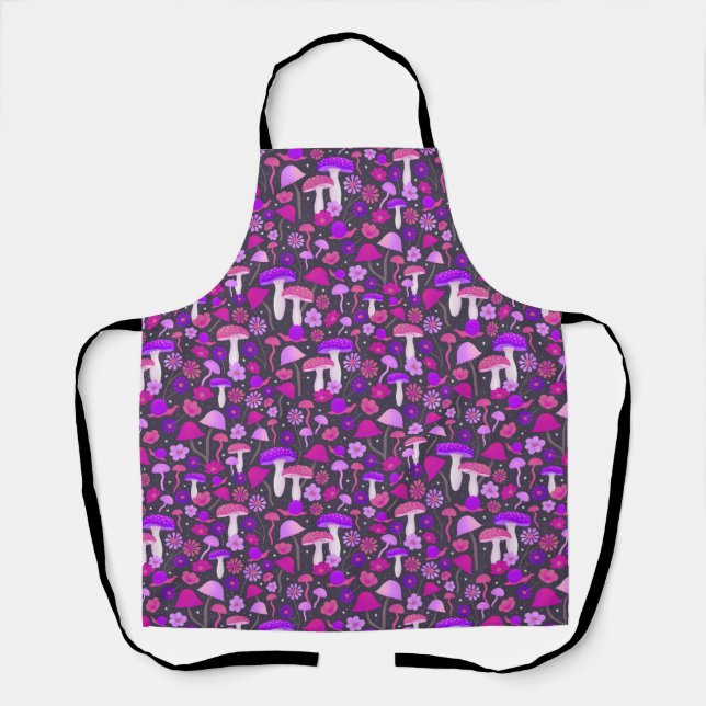 Psychedelic Mushrooms & Floral Pink, Purple, Black Apron (Front)