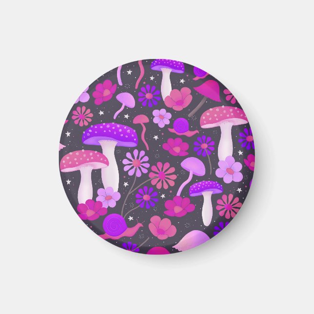 Psychedelic Mushrooms & Floral Pink, Purple, Black Magnet (Front)