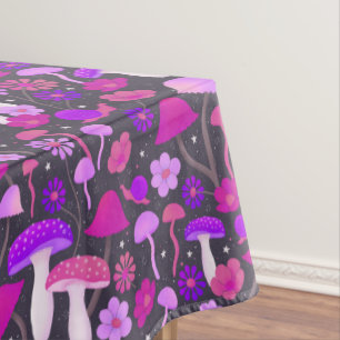 Psychedelic Mushrooms & Floral Pink, Purple, Black Tablecloth