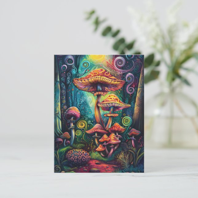 Psychedelic Mushrooms Funky Colorful Artwork Postcard (Standing Front)