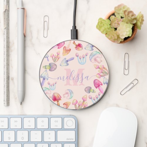 Psychedelic mushrooms illustration pink monogram wireless charger 