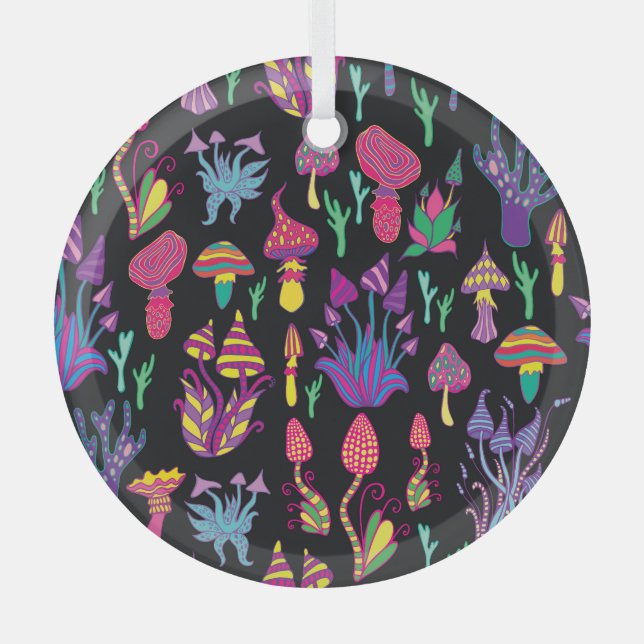 Psychedelic Mushrooms Rainbow Colors Pattern Glass Ornament (Front)