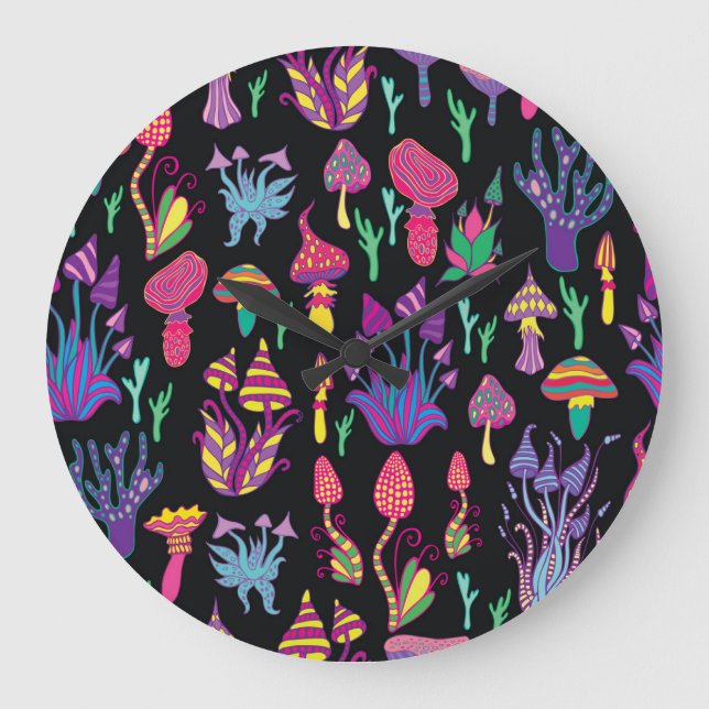 Psychedelic Mushrooms Rainbow Colors Pattern Large Clock (Front)
