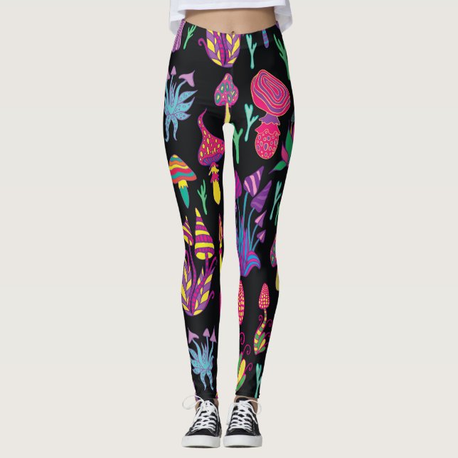 Psychedelic Mushrooms Rainbow Colors Pattern Leggings (Front)