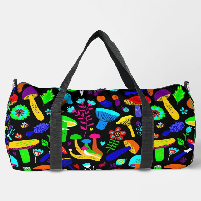 psychedelic mushrooms retro floral vibrant duffle bag (Front)