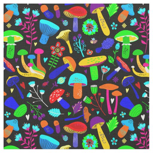 psychedelic mushrooms retro floral vibrant fabric