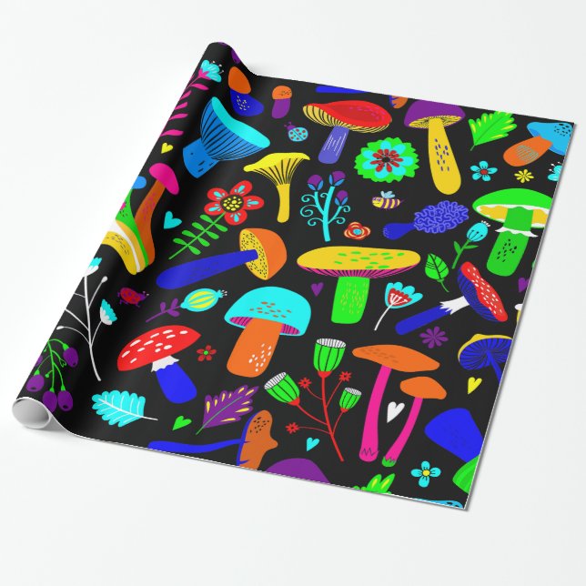 psychedelic mushrooms retro floral vibrant wrapping paper (Unrolled)