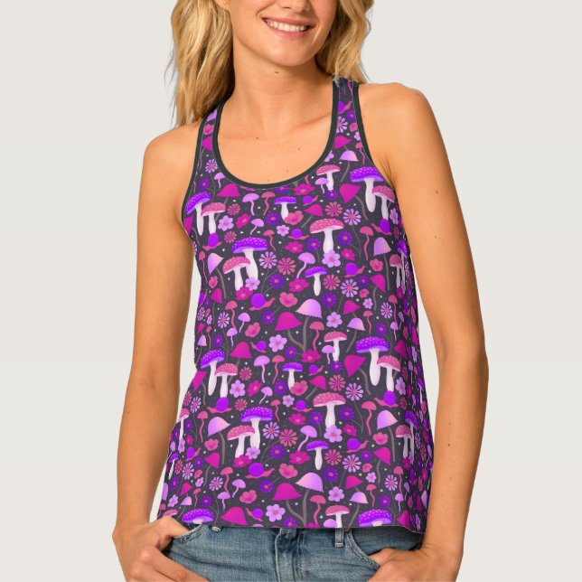 Psychedelic Mushrooms Retro Purple, Pink, & Black Tank Top (Front)