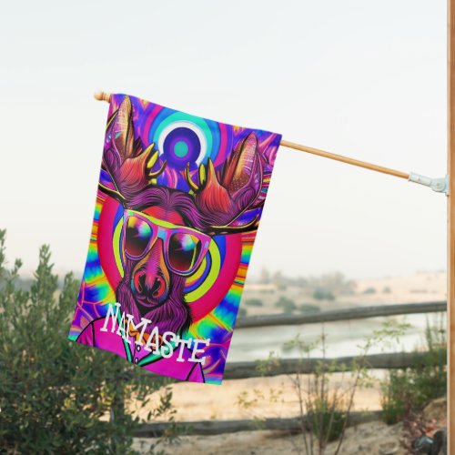 Psychedelic Namaste Trippy Hippie Moose House Flag