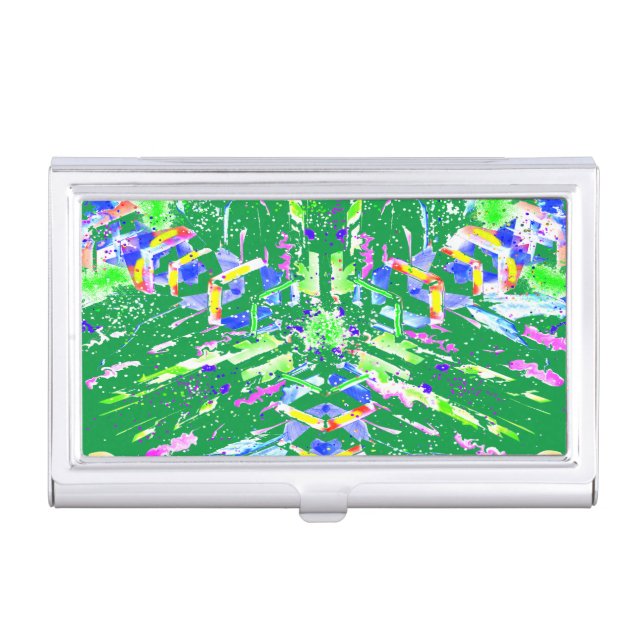 Psychedelic Neon Abstract Kaleidoscope Art  Business Card Case (Front)