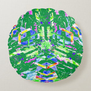 Psychedelic Neon Abstract Kaleidoscope Art Round Pillow