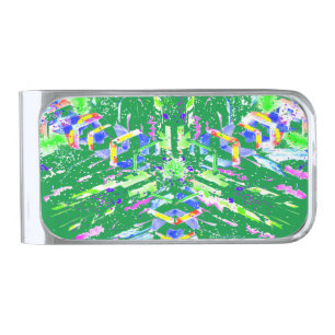 Psychedelic Neon Abstract Kaleidoscope Art Silver Finish Money Clip