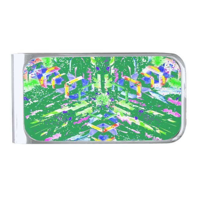 Psychedelic Neon Abstract Kaleidoscope Art  Silver Finish Money Clip (Front)