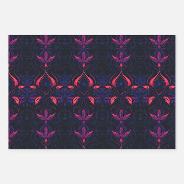 Psychedelic Neon Flower Art Nouveau Pattern Wrapping Paper Sheets (Front)