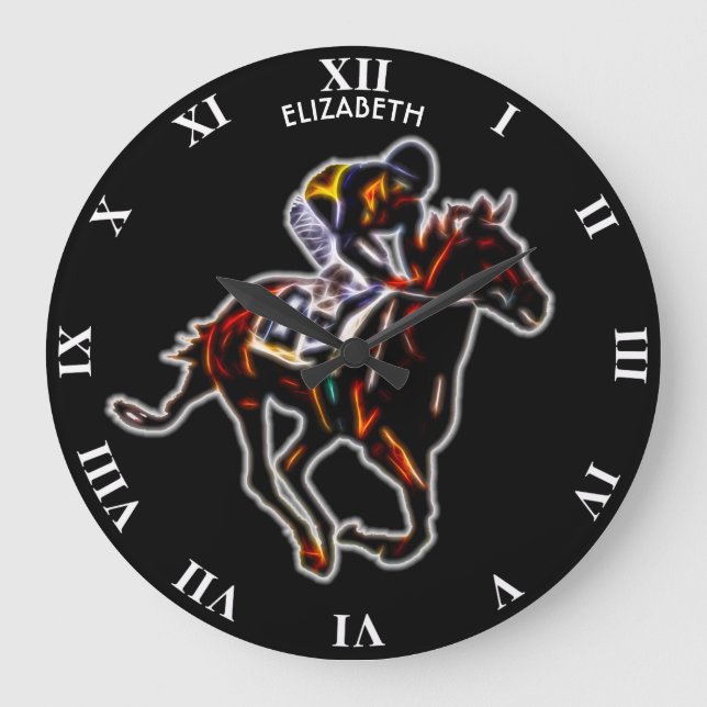 Psychedelic Neon Glowing Fractal Racing Horse Large Clock (Front)