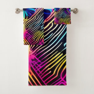 Psychedelic Neon Lines with Flower Art Bath Towel Set