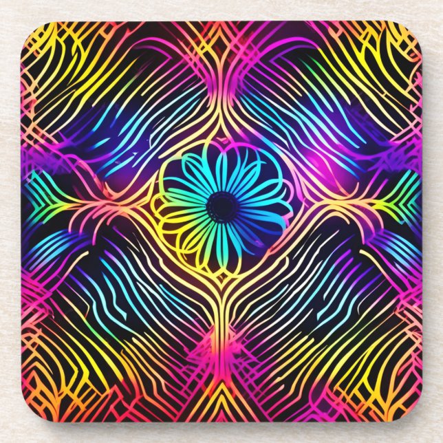 Psychedelic Neon Lines with Flower Art Beverage Coaster (Front)