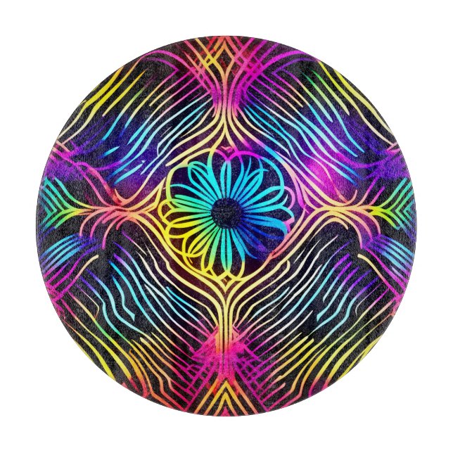 Psychedelic Neon Lines with Flower Art Cutting Board (Front)
