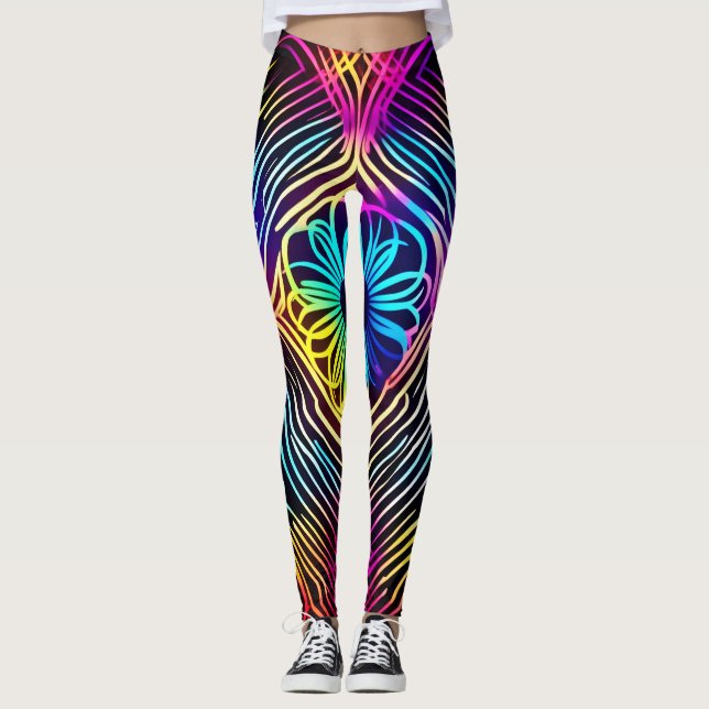 Psychedelic Neon Lines with Flower Art Leggings (Front)