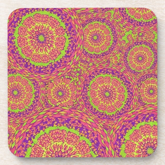 Psychedelic Neon Mandala Swirl Pattern Beverage Coaster (Front)