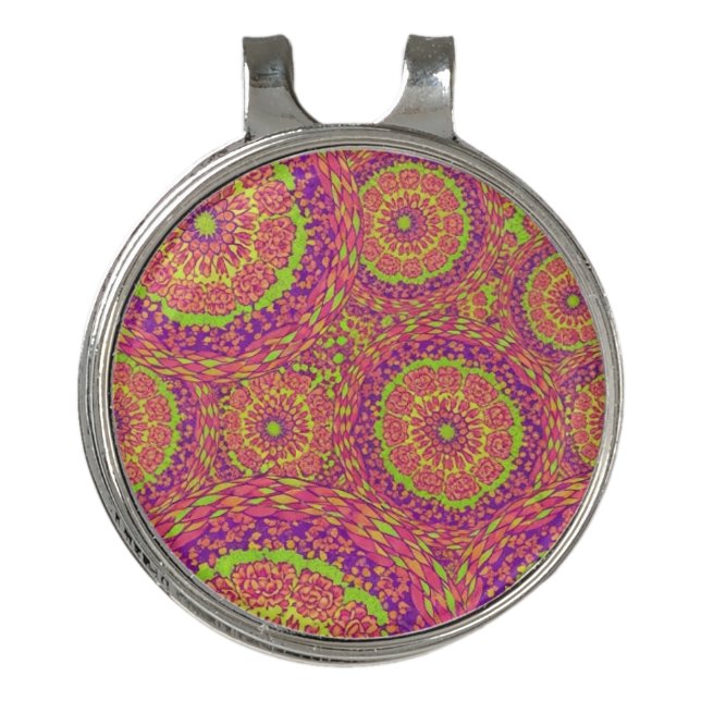 Psychedelic Neon Mandala Swirl Pattern Golf Hat Clip (Front)