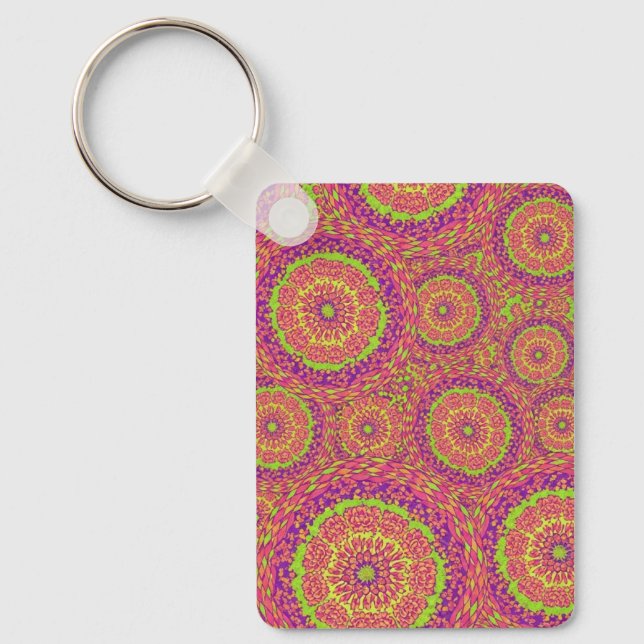 Psychedelic Neon Mandala Swirl Pattern Keychain (Front)
