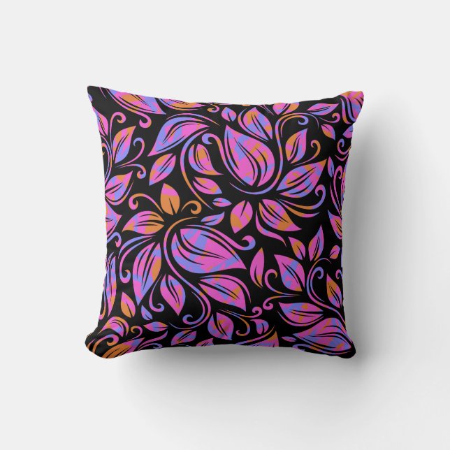 Psychedelic Neon Pink Purple Orange Print Black Throw Pillow (Front)