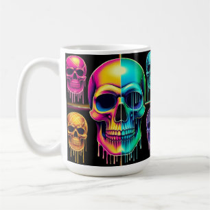 Psychedelic Neon Skulls: A Vibrant Digital Art Coffee Mug