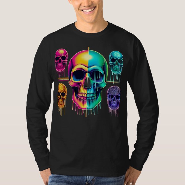Psychedelic Neon Skulls: A Vibrant Digital Art  T-Shirt (Front)
