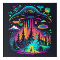 Psychedelic Neon UFO and Alien Abduction Art