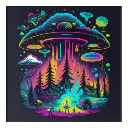Psychedelic Neon UFO and Alien Abduction Art