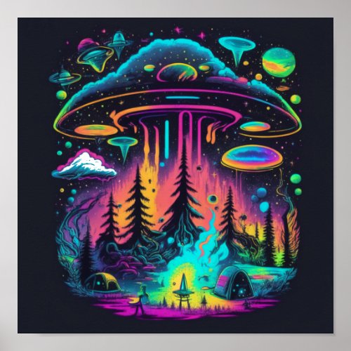 Psychedelic Neon UFO and Alien Abduction Art Poster