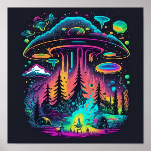 Psychedelic Neon UFO and Alien Abduction Art Poster (Front)