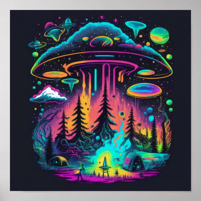 Psychedelic Neon UFO and Alien Abduction Art Poster | Zazzle